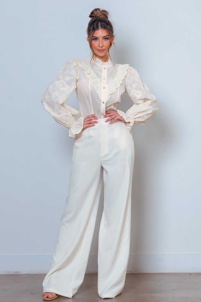 PT10632-PP30448 Ruffle Hem Embroidered Top and Pants Set (S)